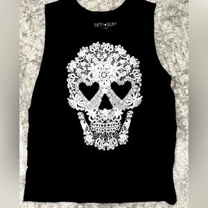 Fifth and Sun White Lacy Skull With Heart Eyes Black Tank Top. Size Large